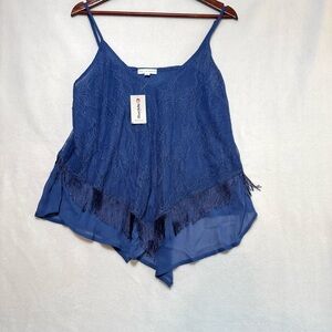 Elegant Blue Lace Camisole with Fringe